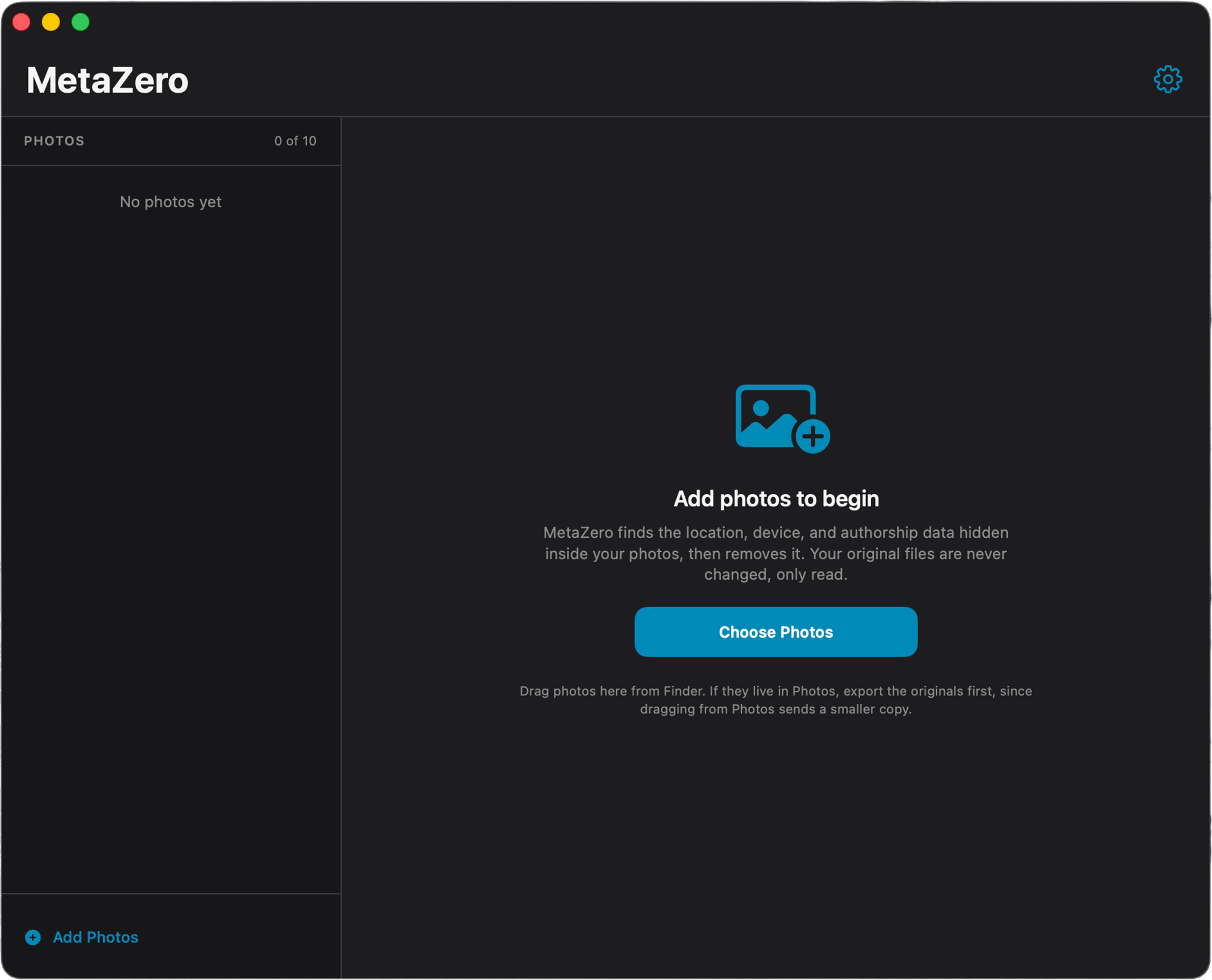 MetaZero for Mac, showing the Add Photos screen before removing hidden metadata.